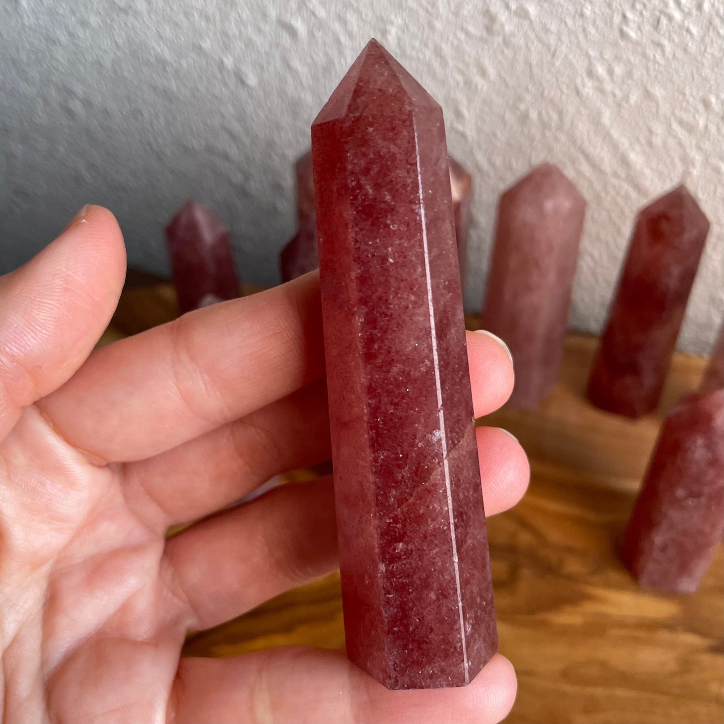 Immerse yourself in the gentle glow of Strawberry Quartz with this tower, a harmonious blend of beauty and positive vibrations.