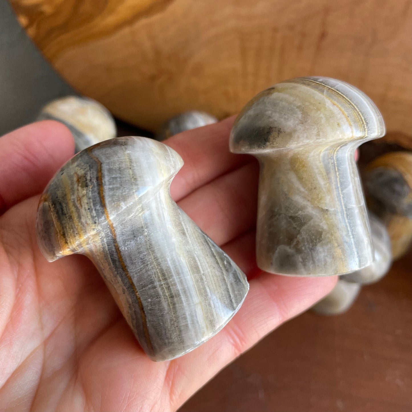 Connect with the gentle energy of Zebra Calcite through our captivating Mushroom. Its earthy colors and unique banding bring a grounding and visually appealing element to your space.