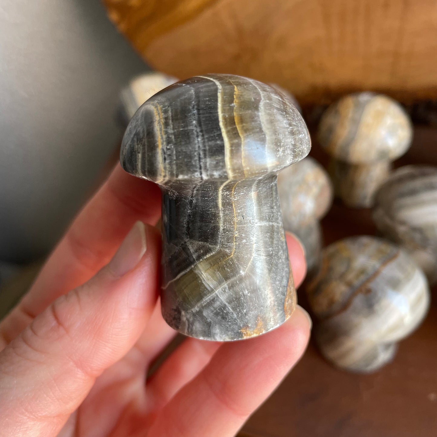 Unleash the tranquil energy of Zebra Calcite in a compact and visually stunning Mushroom form. Perfect for altars, meditation spaces, or crystal grids, it adds a grounding touch to any setting.